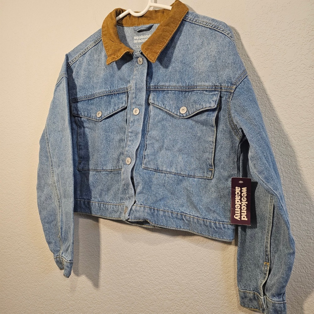 Light Blue Denim Jacket with Brown Corduroy Collar - Picture 2 of 6